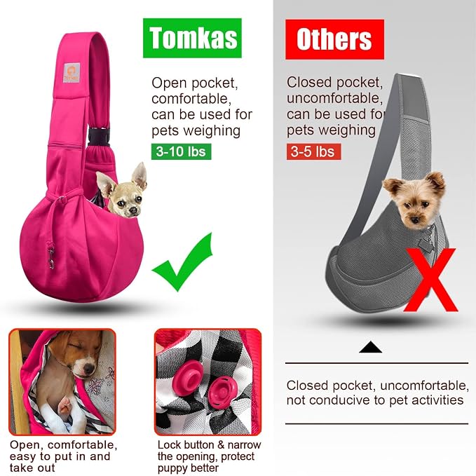 TOMKAS Dog Sling Carrier for Small Dogs Puppy Carrier for Small Dogs (Rose red, Adjustable Strap for 3-10 lbs & Zipper Pocket)