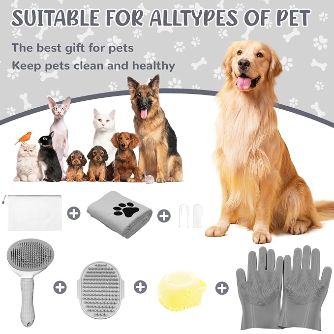 Dog Grooming Kit for Shedding – 8-Piece Pet Grooming Supplies with Deshedding Brush, Bath Gloves, Towels & Silicone Toothbrush | Ideal for Dogs, Cats, Small and Large Pets (Gray)