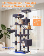Taoqimiao Cat Tree, 71 in Extra Large Cat Tower for Inddor Cats, MS026LG | 2 Large Cat Condos, 2 Cute Perches, Metal Frame Cozy Hammock, Durable Scratch Board, 8 Natural Sisal Posts, Basket,Smoky Gray