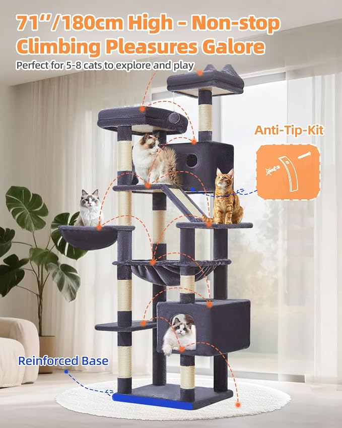 Taoqimiao Cat Tree, 71 in Extra Large Cat Tower for Inddor Cats, MS026LG | 2 Large Cat Condos, 2 Cute Perches, Metal Frame Cozy Hammock, Durable Scratch Board, 8 Natural Sisal Posts, Basket,Smoky Gray