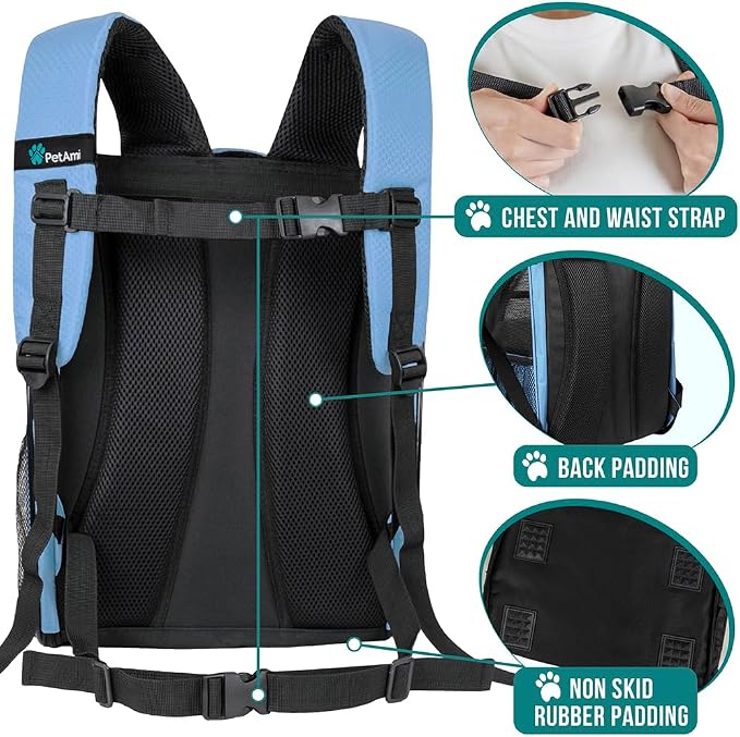 PetAmi Dog Backpack Carrier for Small Medium Dogs Large Cats up to 18 lbs, 2 Side Entry, Structured No-Collapse Frame, Airline Approved Ventilated Pet Backpack for Hiking Camping Travel, Light Blue