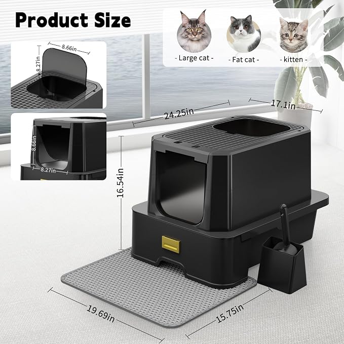 RIZZARI Enclosed Cat Litter Box: Stainless, Top Entry, Easy Clean | Built-In Deodorizer Spray / Extra Large / High Splash Sides / Top-Exit Tracking Control / Slide-Out Drawer / Apartments