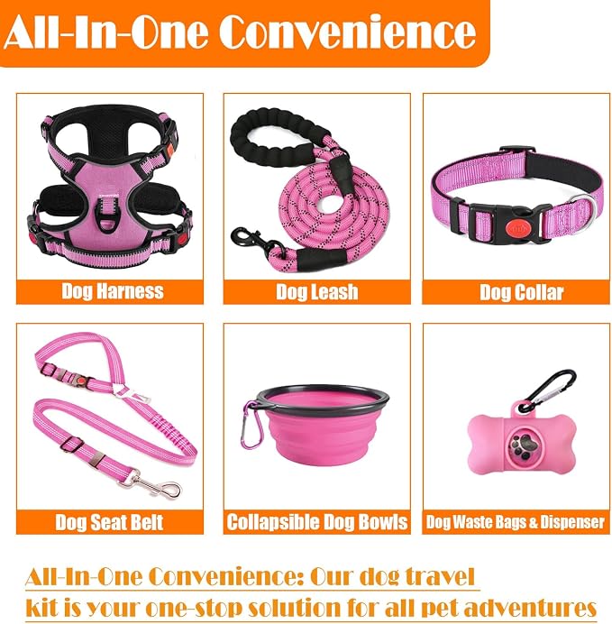 LOBEVE No Pull Dog Harness, Collar & Leash Set | Includes Dog Seat Belt, Collapsible Bowls & Poop Bag Dispenser. Ideal for Training, Walking, Hiking. Fits Small to Large Dogs(Pink-M)