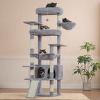 Heybly Tall Cat Tree for Large Cat, 80-inch Multi-Level Cat Tower HCT038W | Condo Furniture for Indoor Cats with Large Baseboard, 2 Widened Plush Perches, Scratching Board, Big Caves, Light Gray