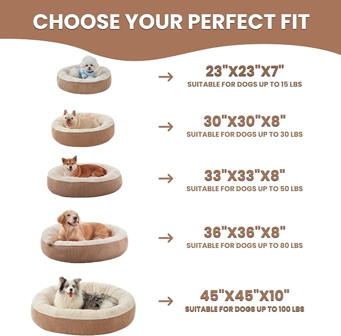 45 inches Calming Donut Dog Bed for Extra Large Dogs,Brown | Round Jumbo Pet Bed with Removable&Washable Cover,Plush Faux Fur & Corduroy, Fits Pets up to 100 lbs