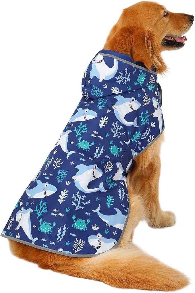 HDE Reversible Hooded Dog Raincoat Slicker Poncho for Small Medium Large Dogs - Sharks - L - Nylon, Polyester