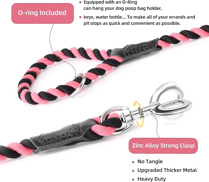 Mile High Life Rainbow Dog Leash Braided Cotton Rope w Leather-Wrapped Ends | Rust-proof 360° swivel clasp, Heavy-duty for medium/large breeds. Great for weddings, daily walks (5FT, 1/2", Black/Pink)