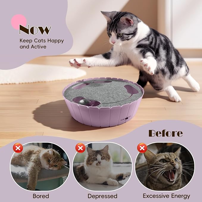 Pawaboo Interactive Cat Toy with Running Mouse, Automatic Track Kitten Toy | Electronic Motion Cat Toy for Indoor Cats, Pop and Play Hide Seek Cats Toys Hunting Mouse for Kitty Play Exercise, Purple