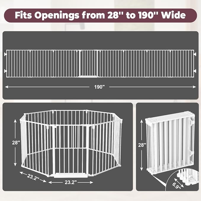 190" Extra Wide Baby Gate Playpen, Adjustable Baby Fence Play Yard | Long Dog Gates Indoor for Stair Doorway Fireplace, Large Child Gate for Toddler Kid Pet, Family Essentials Safty Gate, White