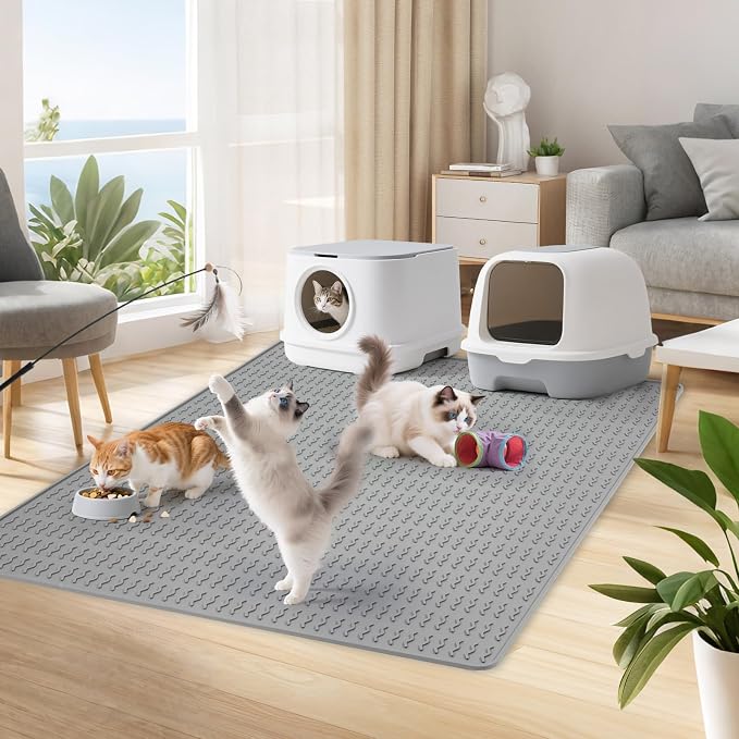 Cat Litter Mat, 47x35in Extra Large Litter Trapping Mat, Grey | XXL Cat Mat Fits 2-4 Litter Boxes, Silicone Litter Trapping Mat, Waterproof Raised Edges, Non-Slip Bottom, Easy Clean