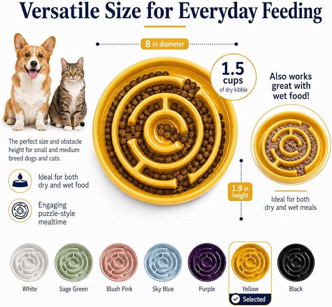 Ceramic Slow Feeder Dog Bowl, 1.5 Cup Puzzle Dish for Small Medium Dogs | Glazed ceramic maze bowl with 1.5-cup capacity for dry or wet food, sized for small and medium dogs