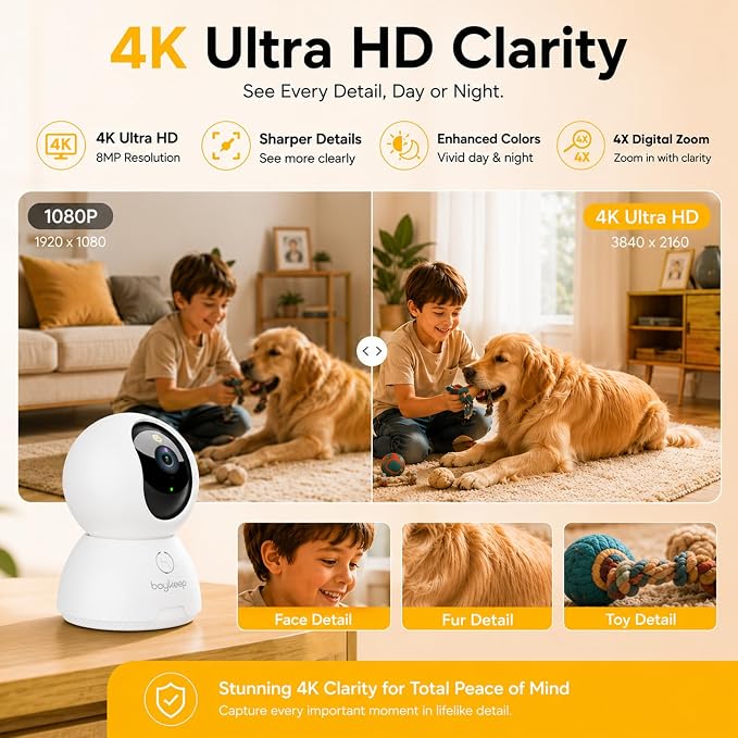 4K Indoor Cameras for Home Security, Pet Camera with Phone App, Indoor Security Camera with AI Human & Pet Detection, 360° Pan Tilt, Auto Tracking, Color Night Vision, Two-Way Audio, Works with Alexa