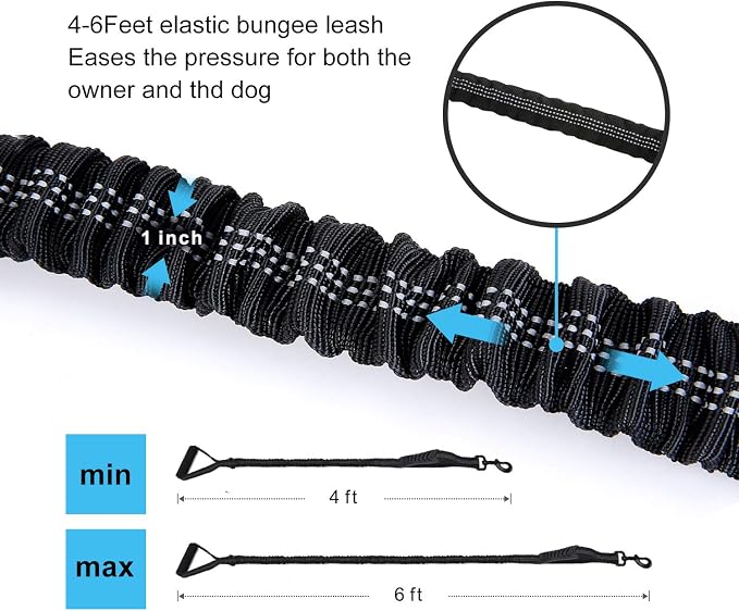 6FT Highly Reflective Heavy Duty Elastic Bungee Medium and Large Dog Leash Shock Absorbing with Comfortable Padded Handle and Traffic Handle Suitable for Training