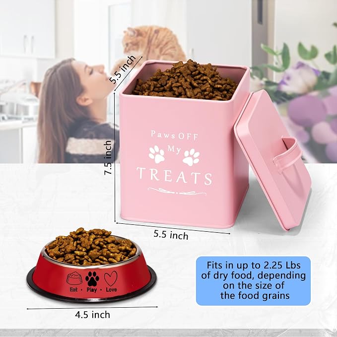Meraki Home Farmhouse Cat Food and Treats Containers + Feed Scoop + Pet Food Bowl - Tight Lids - Large Metal Storage Bin - Great Gift for Cute Pets (Matte Pink)
