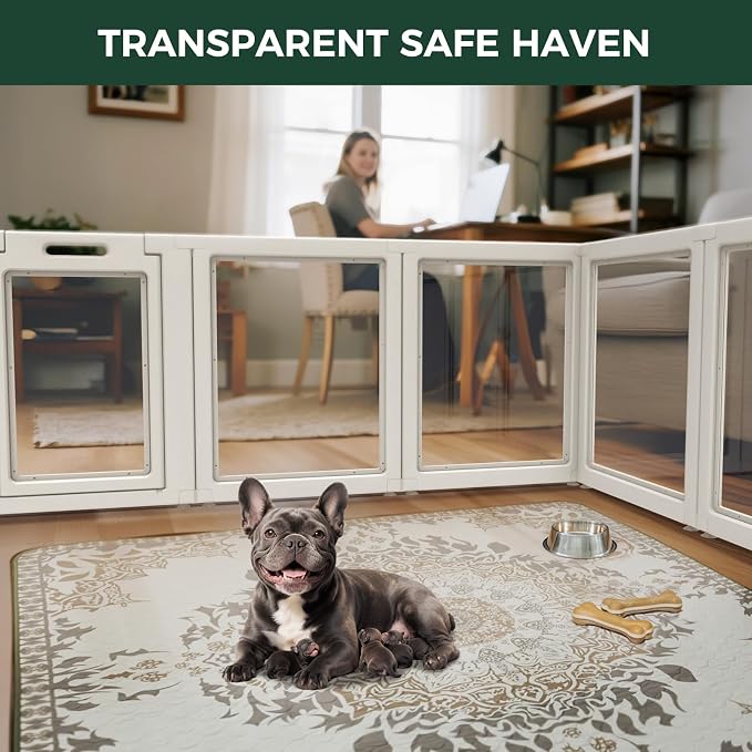 FXW AuraSpace Clear Acrylic Indoor Dog Playpen, 30" H, 8 Panels, White | Open View, Modern Home Fit, No Climbing Bars, Tool-Free Setup, For Small & Medium Dogs