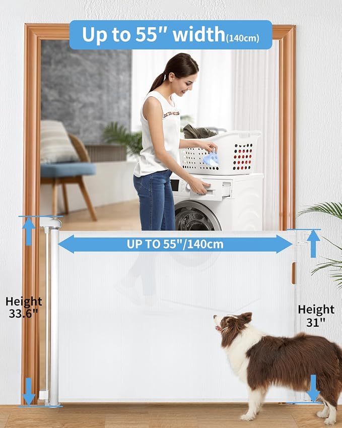 Retractable Baby Gate for Stairs – 33” Height, Expands up to 55” Width – Safety Gate for Infants, Toddlers, Dogs & Pets – Easy Install, Secure Closure, White Mesh Design for Indoor & Outdoor Use