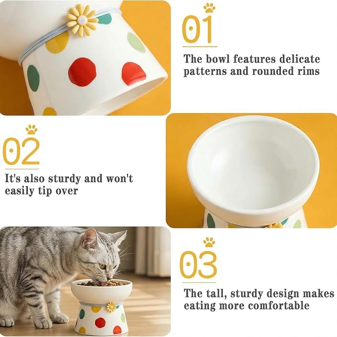 Elevated Ceramic Cat Bowls, 15°Raised Cat Food Bowl,Whisker Friendly Anti Vomiting Cats Dishes,Anti Vomiting&Protect Pet's Spine,Feeder Dish for Indoor Kitty and Small Dogs (Polka dot Tall cat Bowl)