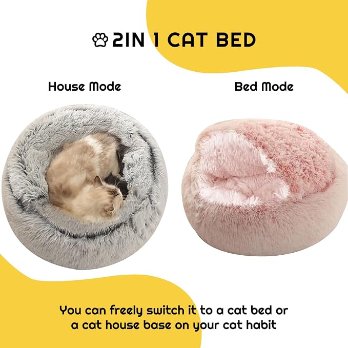 YUDANSI Cat Bed Hooded for Indoor Cats, Dog Bed with Large Covered Hood for Small Dogs Cats Puppy Kitty, Anti Anxiety Donut Cuddler, Anti Slip Plush Faux Fur Enclosed Pet Nest (Washable)(Pink-20inch)