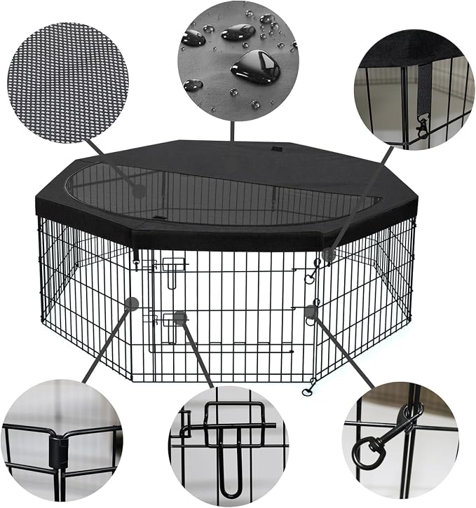 PETIME Foldable Metal Dog Exercise Pen/Pet Puppy Playpen Kennels Yard Fence Indoor/Outdoor 8 Panel 24" W x 24" H with Top Cover