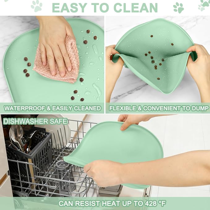 SMILOOL Small Silicone Pet Food Mat with Raised Edge for Food and Water Bowl, Square Dog Feeding Mats, Cat Food Trays for Floor Waterproof, Rubber Tray for Dogs and Cats, 12 x 12 x 0.7 Mint Green