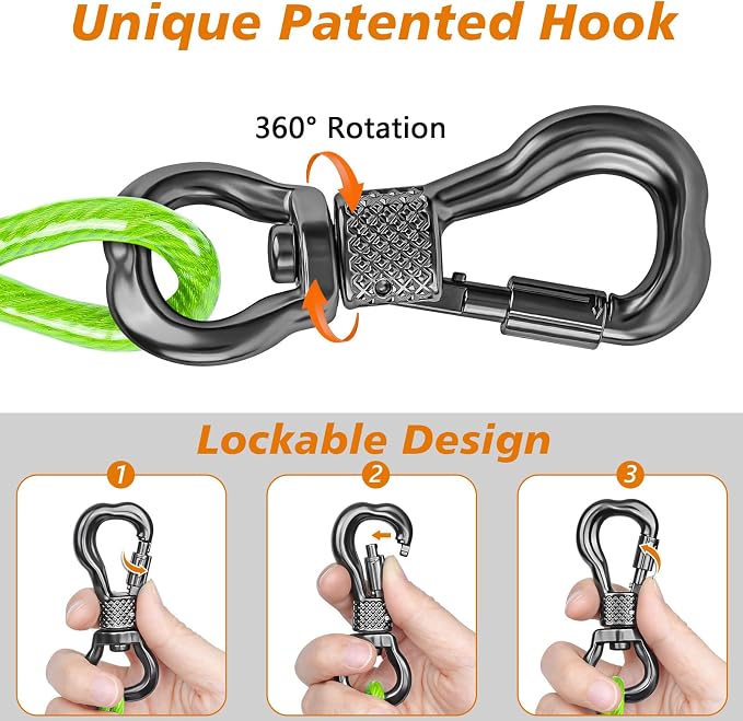 XiaZ Dog Tie Out Cable, Heavy Duty Dog Chains for Outside with Lockable Hook, Pet Runner Cable Leads for Yard, Dogs Line Tether for Small Medium Dogs Up to 250 LBS (50FT, Green)