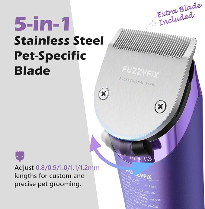 Professional Dog Grooming Clipper with 5-in-1 Replacement Blade | Adjustable Blade Cordless Pet Grooming Kit 2 Speed Trimmer Hair Shaver with Detachable Metal Combs Nova for Animal Horse