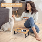 Elevated Cat Food Bowl for Indoor Cats, Raised Water Bowl Set for Kitten | Whisker Friendly, Anti Vomit, Easy Assembly, Bamboo, Dishwasher Safe, Stainless Steel, Pet Dish, Feeding Station for Puppy