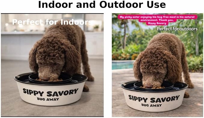 Ant Proof Dog Bowl & Cat Bowl with Water Moat by Sippy Savory® - Bug Proof Pet Feeding Bowl, BPA-Free Non-Slip Food Bowl for Indoor & Outdoor Dogs and Cats, Dishwasher Safe, Beige and Black.