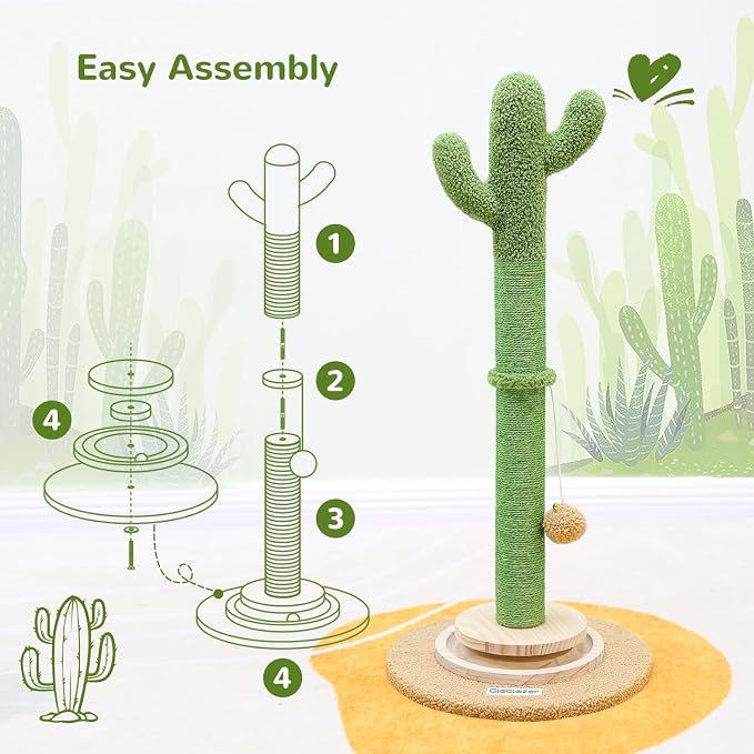 Globlzer 30in Cactus Cat Scratching Post for Indoor Cats, SC30, Green | Stable Cat Scratcher for Kitten Adult Cats, Durable Sisal Rope, Interactive Solid Wood Ball Game, Dangling Ball Toy