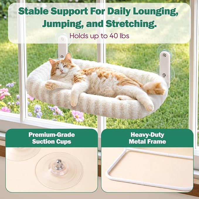 Zakkart Mellow Foldable Cat Window Perch, Upgraded Suction Cups (Beige, M) | Curtain-Friendly, Dual-Fabric Striped Machine Washable Bed, Heavy Duty ABS & Metal Frame, Hold up to 40 lbs., 22.8"W x 15.5"D