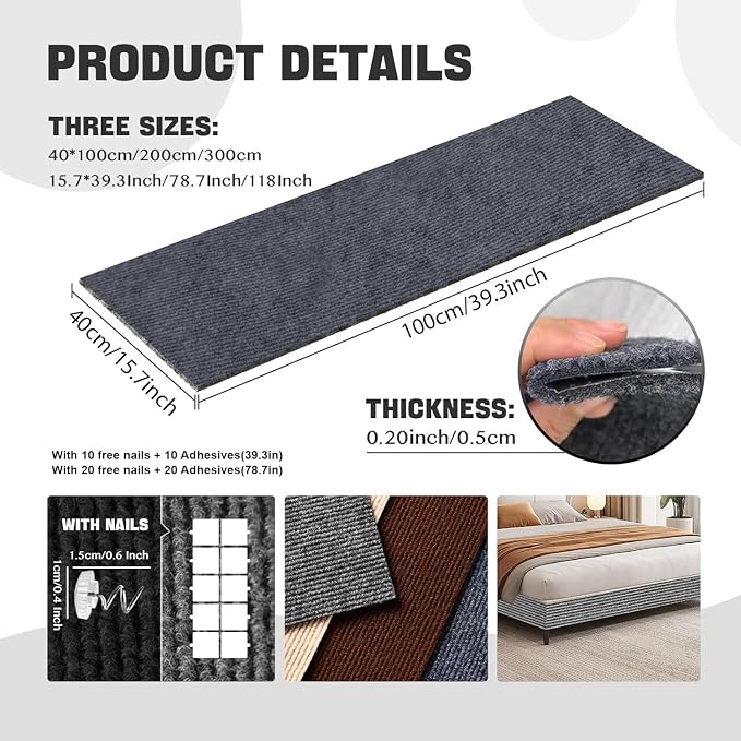 Cat Scratching Climbing Carpet Mat, Self-Adhesive Couch Furniture Protector | 39.3x15.8In Trimmable, Cat Scratch Post Covered Pad Replacement for DIY Tree Shelf Steps Couch Corner Wall, Darkgrey