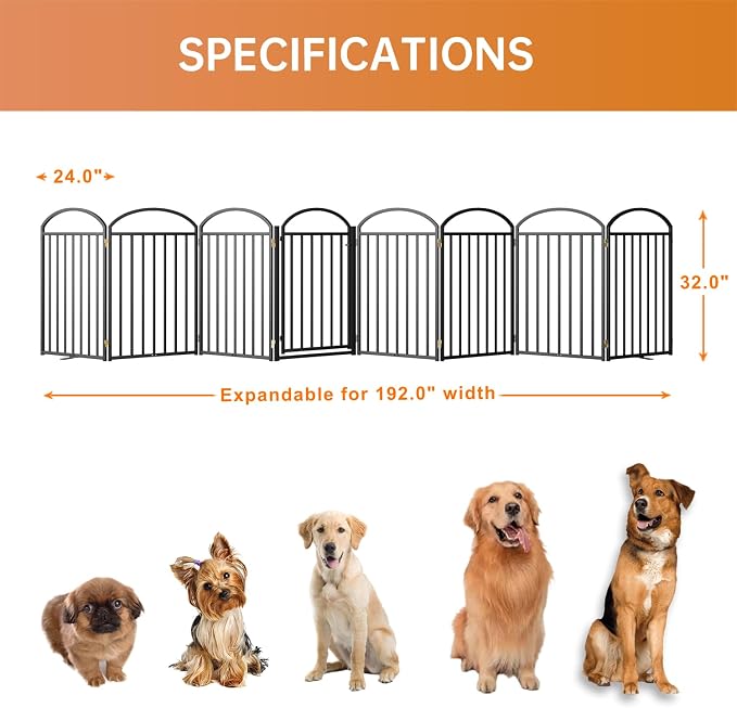 SNUOWU 8 Panels Full Matel Freestanding Dog Gates with Door, 192"Extra Wide 32"Tall Free Standing Dog Pet Gate for Indoor & Outdoor. Foldable Pet Fences for Doorways, House, Stairs, Porch, Deck, Yard