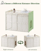SETVSON Cat Litter Box Enclosure Furniture, Handwoven PE Rattan, White | Large Double-Door PE Rattan Kitty House, Fits Large Covered Litter Boxes, 2 Litter Mats, 2 S-Hooks, Metal Frame