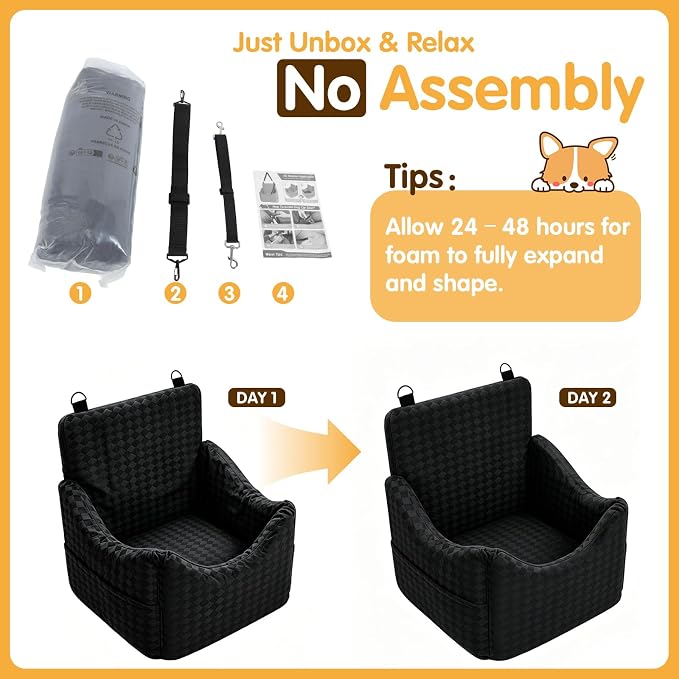 Topmart Dog Car Seat for Small Medium Dogs Under 35lbs, Cozy Pet Seat | Foam Safety Dog Booster Seat for Back Seat, Pet Bed for Car with Safety Tether, Storage Pockets, Machine Washable Cover Black