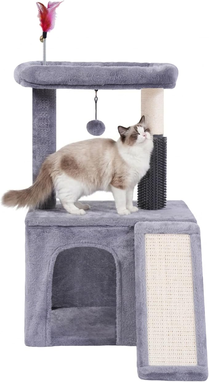 Cat Tree with Self-Grooming Brush and Interactive Toys, Cat Tree Tower for Indoor Cats, Cat Tower with Sisal Scratching Post and Scratching Pads, Cat Condo with Padded Perch, Grey