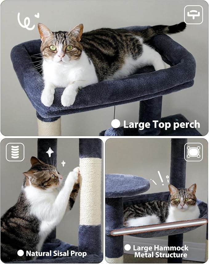 MUTTROS Cat Tree for Large Cats with Metal Plush Big Hammock, 56.3" Cat Tower for Indoor Cats with 2 Door Condo House, 6-Tier Cat Shelves with Scratching Posts and Large Top Perch, Dark Gray | 6-tier shelves, Metal plush hammock, 2-door condo house, Si...
