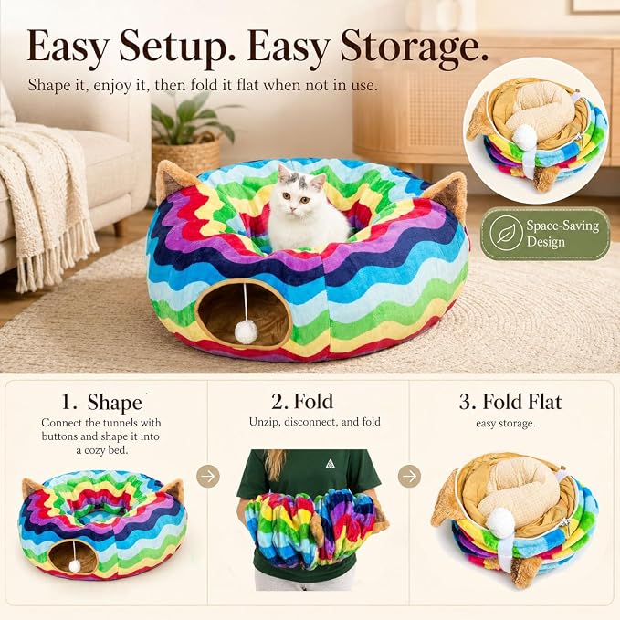 Large Cat Tunnel Bed Under Christmas Tree with Fluffy Toy Balls, Small Cushion and Flexible Design- 10 inch Diameter, 3 ft Length- Great for Cats, and Small Dogs, Rainbow Wave Color