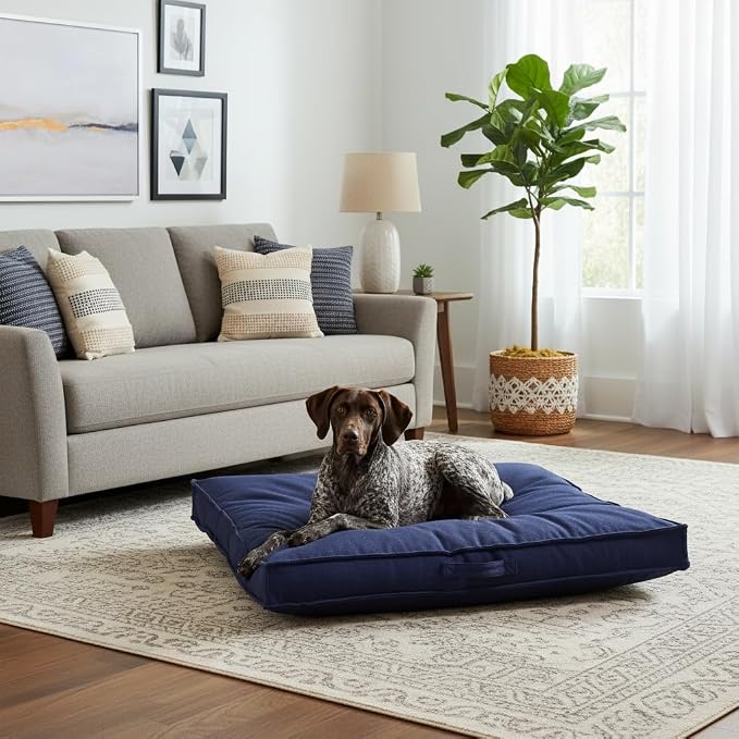 Indoor Dog Bed with Removable Washable Cover, Soft Basketweave Fabric, Reversible Cushion, Carry Handle, Baffle Construction to Help Prevent Fill Shifting, Cobalt - Large (40"x40")