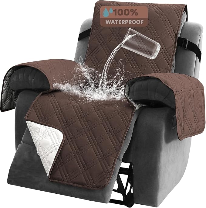 Recliner Cover 100% Waterproof Couch Cover Sofa Cover for Living Room Water Resistant Furniture Protector with Elastic Straps for Pets Dog(Recliner28,Brown)