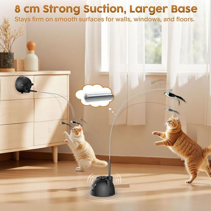 Interactive Cat Toys for Indoor Cats, 360° Automatic Spin Flying Bird Wand | 8cm Suction Cup & Weighted Base, Silicone-Protected Rod, USB Rechargeable with Replaceable Feather & Streamer Attachments