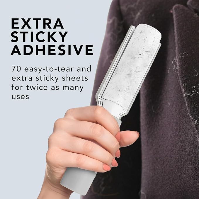 Plus XL Retractable Lint Remover & Pet Hair Roller for Clothes – Refillable & Reusable Lint Roller with 140 Extra Sticky Tear-Off Sheets – Value Pack, Light Grey