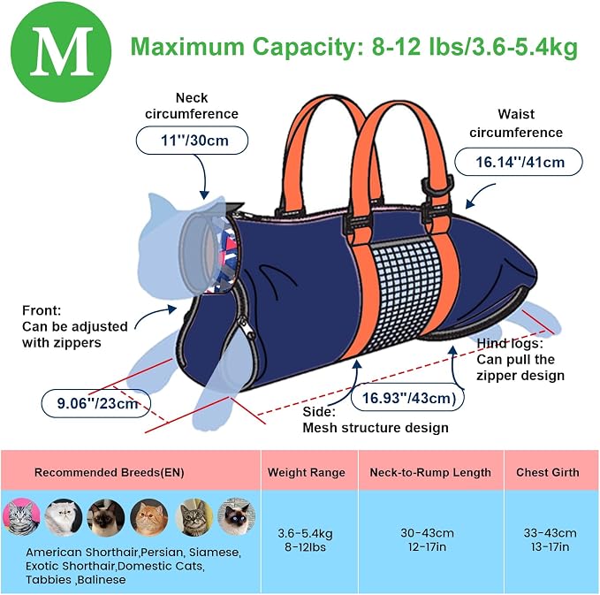 Cinf Cat Nail Clipping Cleaning Grooming Restraint Bag No Scratching Biting for Bathing Nail Trimming Injecting Examining(Navy Blue,M)