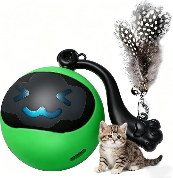 Interactive Cat Toy Ball, Automatic Self-Rolling Cat Toy with Feather Tail, Rechargeable Smart Cat Ball for Indoor Cats（Dark Green）