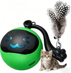 Interactive Cat Toy Ball, Automatic Self-Rolling Cat Toy with Feather Tail, Rechargeable Smart Cat Ball for Indoor Cats（Dark Green）