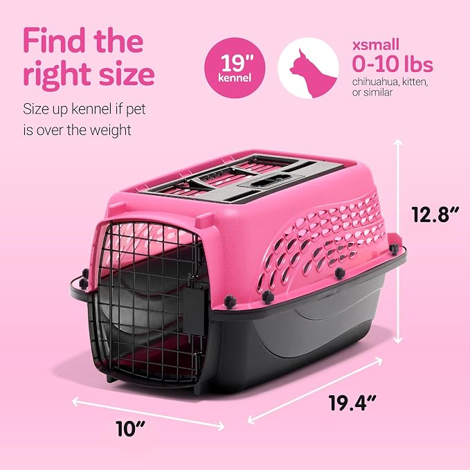 Petmate Dog Crates for Small Dogs & Cat Carriers, Two-Door Plastic Pet Kennel, Top & Front Loading, XS 19" For Dogs Up To 10 lb, Pink | Plastic pet kennel made in USA, for small pups and kittens, dual entry design, great for travel and vet trips, easy ...