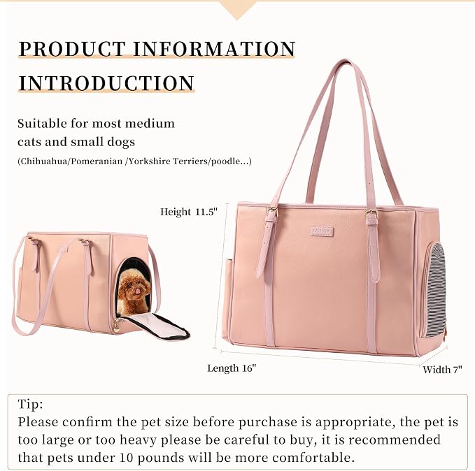Lasaviin Fashion Dog Purse Pet Carrier Leather Bag for Small Dogs Cats Puppy, Portable Tote Bag Airline Approved Soft-Sided Carriers (Pink)