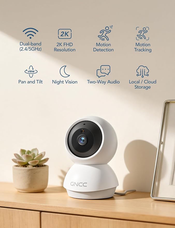 GNCC 2K Cameras for Home Security,360°Pan/Tilt Indoor Camera with APP,2Pack | Motion Track Smart Detection &Alerts, 2-Way Audio, SD Card Storage &Cloud, 2.4/5GHz WiFi,Security Camera for Pet/Elderly/Baby