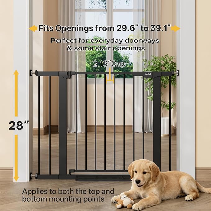 InnoTruth 29.6-39.1 in Wide Baby Gate for Stairs and Doorways, Black | Indoor Metal Dog Gate for Pets, Auto Close 2 Way Swing Walk Through Door, Double Lock & Y-Bolts, Pressure or Hardware Mount