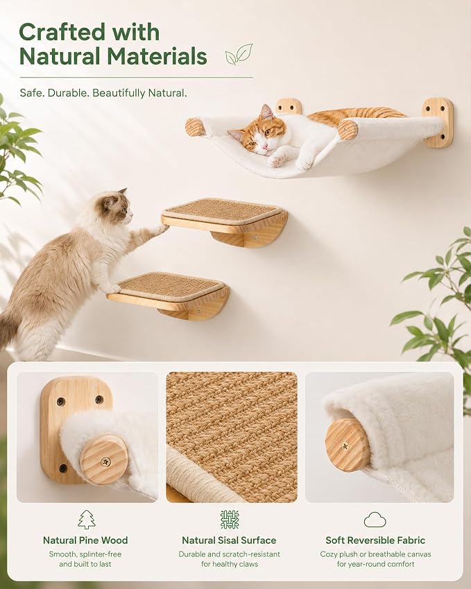 Cat Wall Shelves Set with Hammock and 2 Solid Wood Sisal Steps | 3-piece cat wall set includes 1 reversible canvas-plush hammock and 2 solid wood steps with removable sisal mats