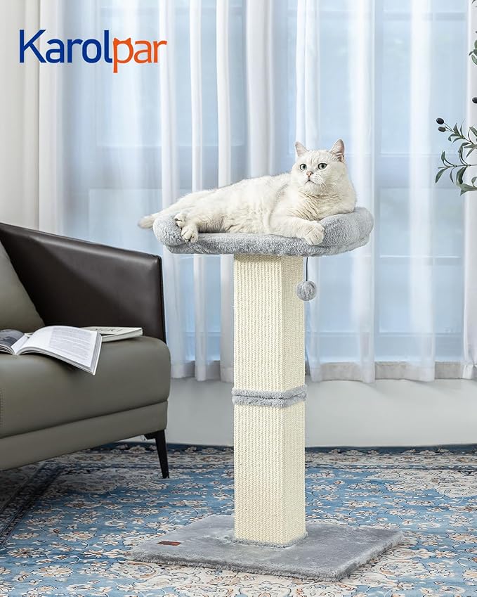 Karolpar 32" Cat Scratching Post for Indoor Cats, Sisal Cat Scratcher with Plush Perch, Large Scratch Post with Bed, Removable Cover, Sisal Fabric,Light Grey | Natural Sisal Cat Scratcher Tower, Large Scratch Post with Bed, Cat Tree with Removable Cover